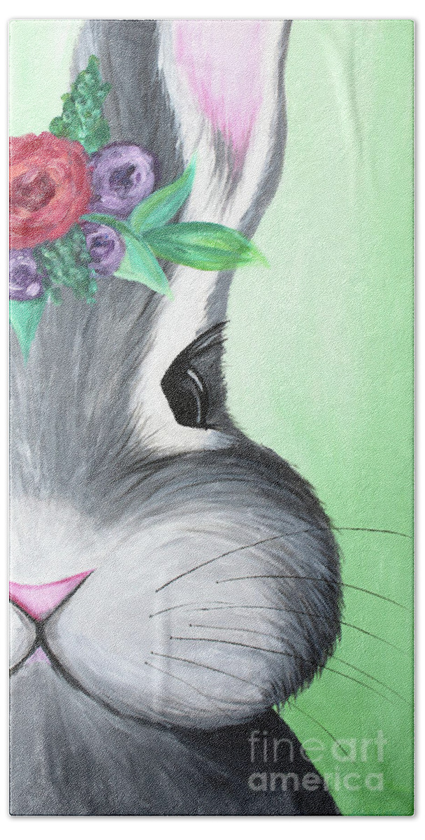 Easter Bath Towel featuring the painting Grey Easter Bunny with Flowers by Ashley Lane