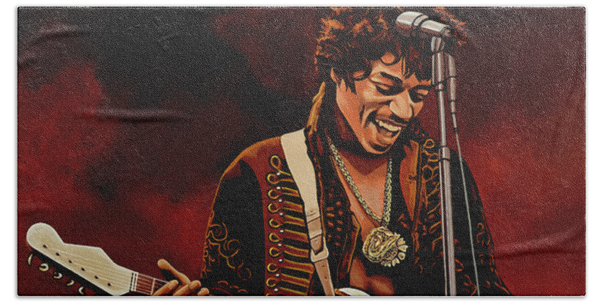 Jimi Hendrix Hand Towel featuring the painting Jimi Hendrix Painting by Paul Meijering
