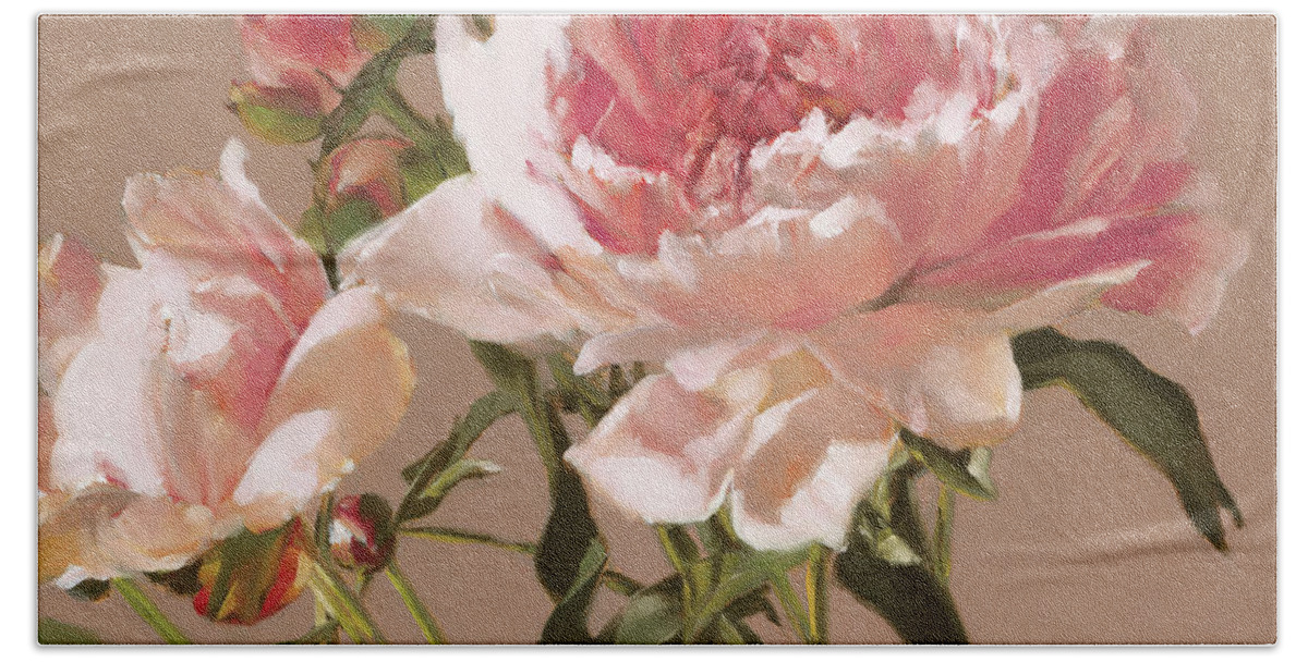 Pink Peonies Hand Towel featuring the painting Pink Peonies by Roxanne Dyer