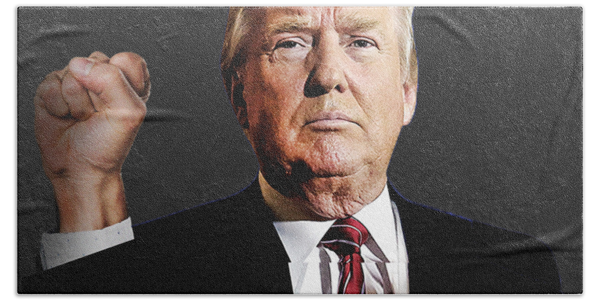 Trump Bath Towel featuring the painting President Donald J Trump Signature Power Fist Tee Tees T-Shirt 2020 by Tony Rubino