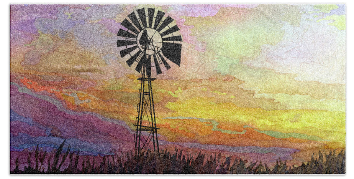 Windmill Hand Towel featuring the painting Windmill Sunset 5 - pastel colors by Hailey E Herrera