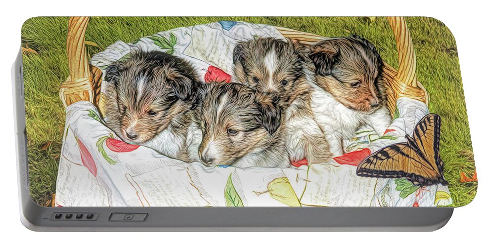 Pup Portable Battery Charger featuring the digital art First Time Outside by Dennis Lundell