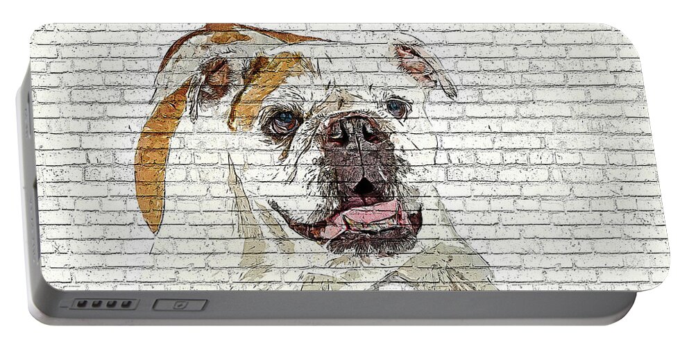 Bulldog Portable Battery Charger featuring the painting So Awkwardly Cute, Bulldog - Brick Block Background by Custom Pet Portrait Art Studio
