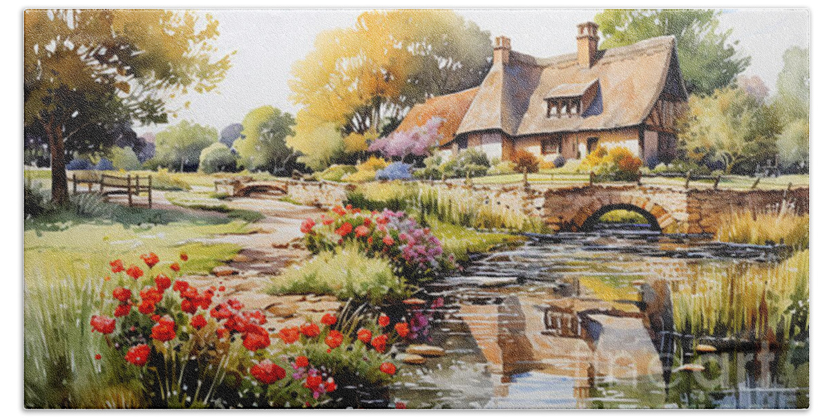 Cottage Beach Sheet featuring the painting 4d watercolour sketch of a thatched Cotswolds by Asar Studios #1 by Celestial Images