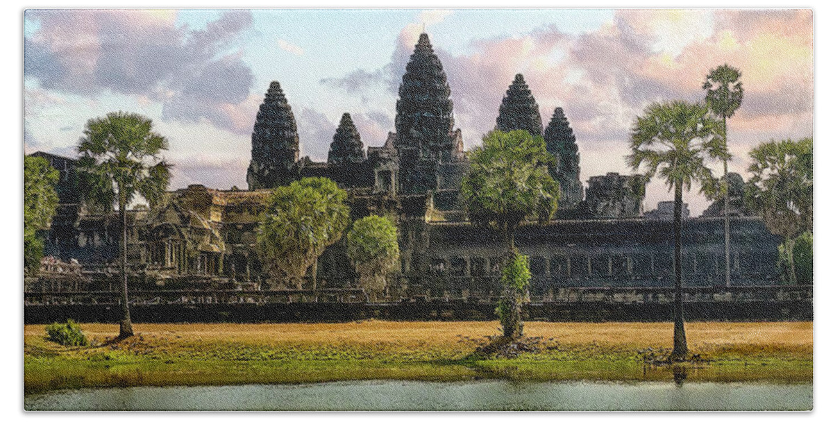 Angkor Wat Panorama Beach Towel featuring the photograph Angkor Wat Sunrise Panorama by Rebecca Herranen