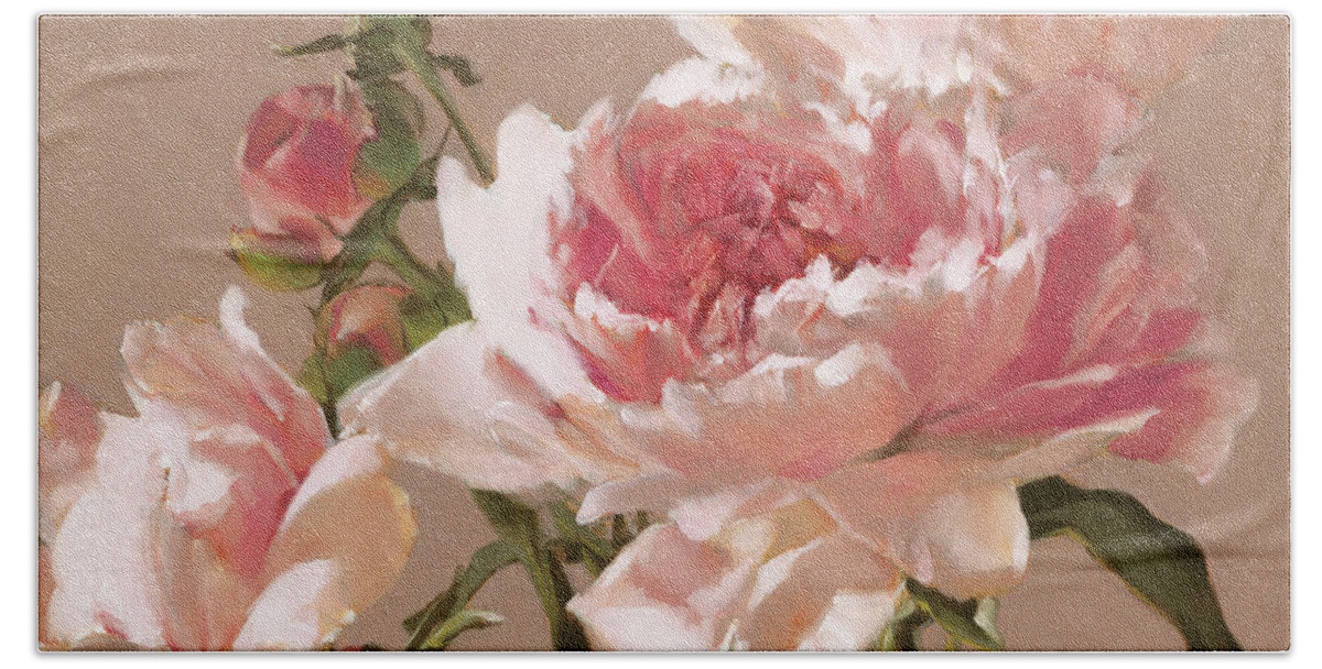 Pink Peonies Beach Towel featuring the painting Pink Peonies by Roxanne Dyer