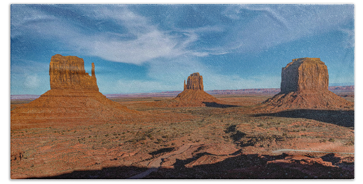 © 2017 Lou Novick All Rights Reversed Beach Towel featuring the photograph The Mittens and Merrick Butte by Lou Novick