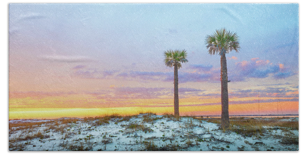 Palm Tree Beach Towel featuring the photograph Two Palm Trees At Sunset by Jordan Hill