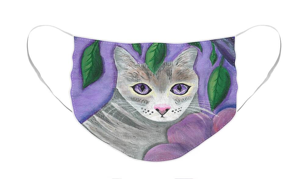 Violet Purple Lavender Eyes Kitty Cat Flower Floral Tabby Grey Face Mask featuring the painting Violet Eyed Cat by Monica Resinger