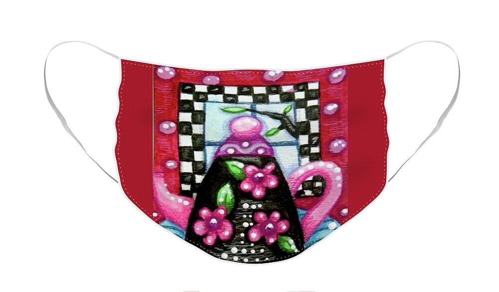 Tea Face Mask featuring the painting Whimsical Black Teapot With Pink Flowers by Monica Resinger