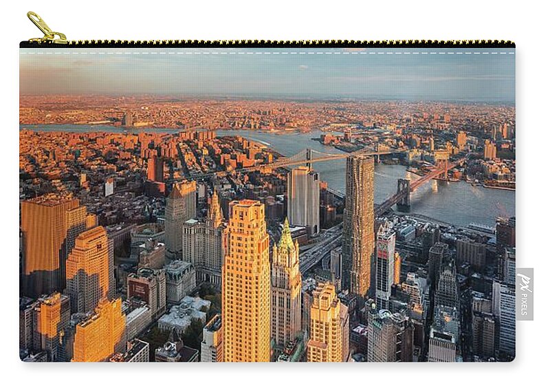 Estock Zip Pouch featuring the digital art Nyc, East River, Lower Manhattan, 1 World Trade Center, Freedom Tower, View From The Freedom Tower Observatory Deck, 1 World Observatory, Beekman Tower, Chase Manhattan, Trump Building, Brooklyn & Manhattan Bridges by Antonino Bartuccio