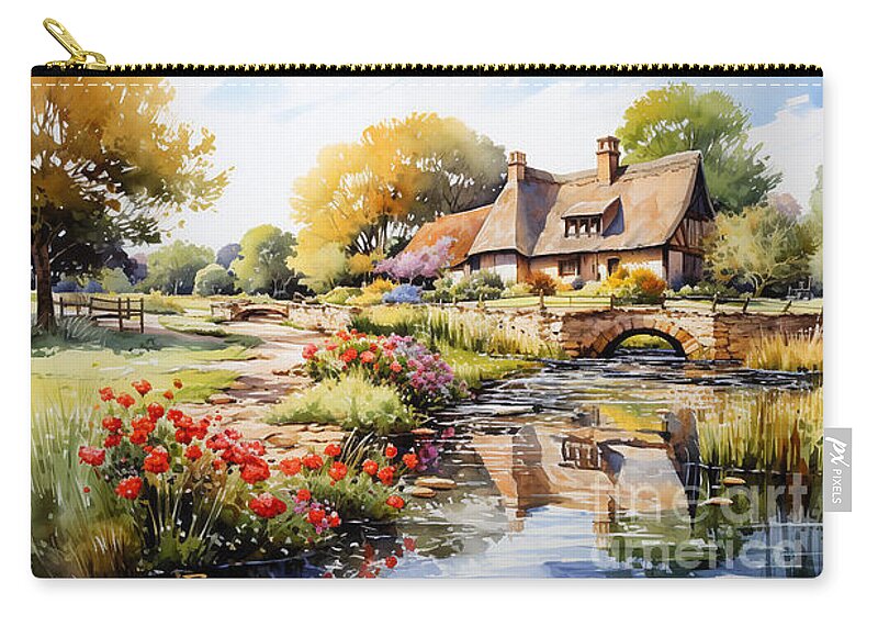 Cottage Zip Pouch featuring the painting 4d watercolour sketch of a thatched Cotswolds by Asar Studios #1 by Celestial Images