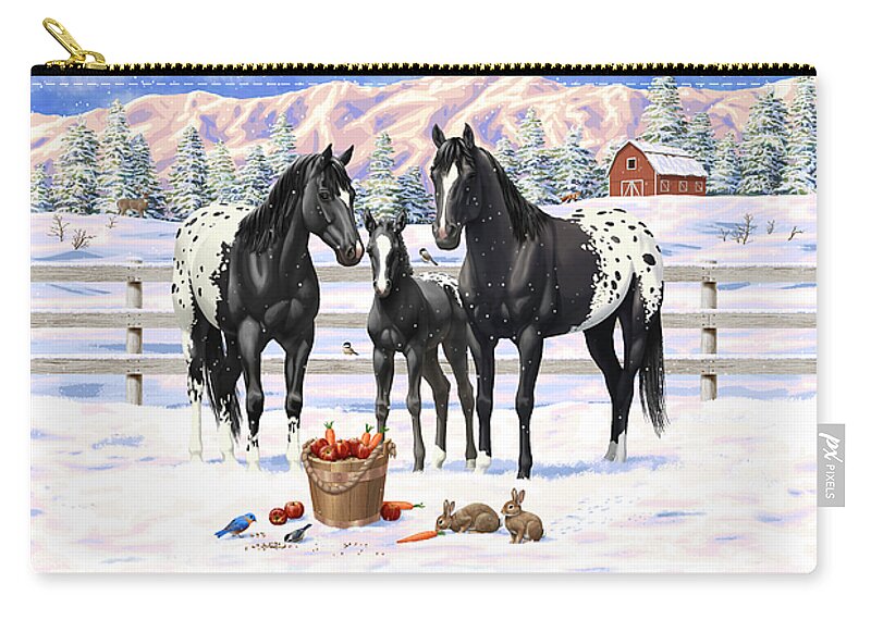 Horses Zip Pouch featuring the painting Black Appaloosa Horses In Snow by Crista Forest