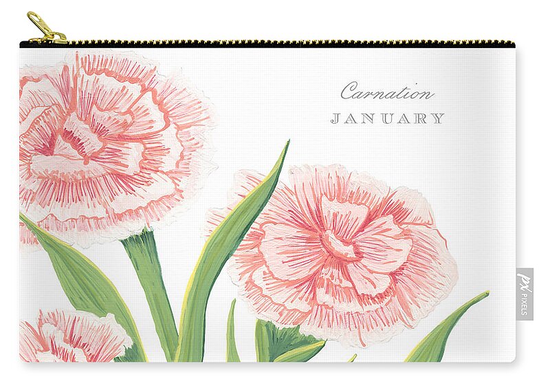 Carnation Zip Pouch featuring the painting Carnation January Birth Month Flower Botanical Print on White - Art by Jen Montgomery by Jen Montgomery