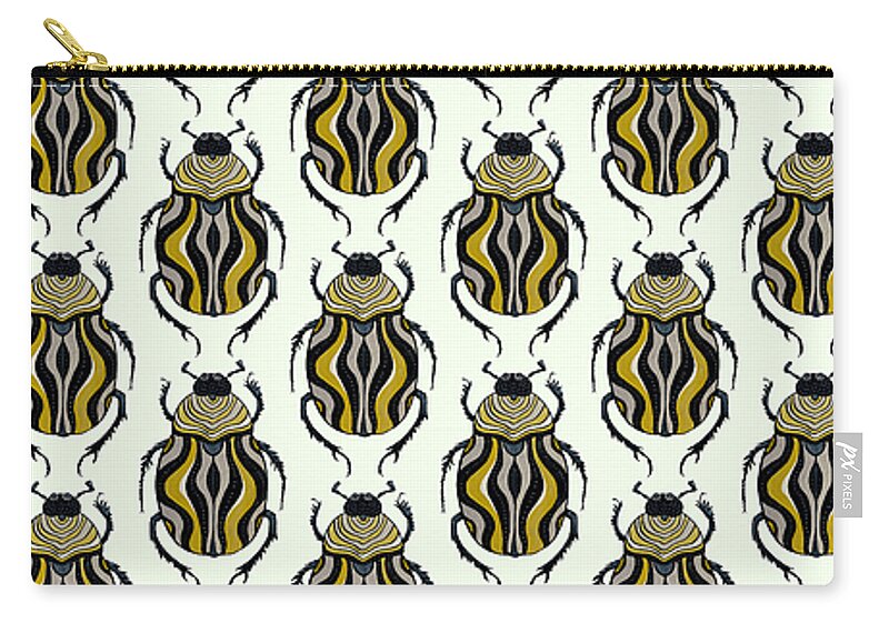 Bug Zip Pouch featuring the drawing Striped Beetle In Grey Gold Black by Boriana Giormova