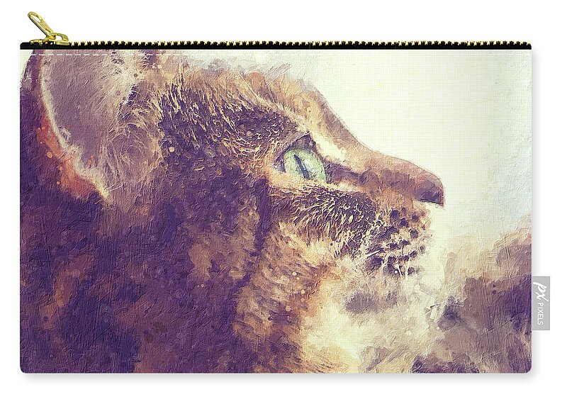 Tabby Zip Pouch featuring the painting Happy tabby cat basking in the sun by Custom Pet Portrait Art Studio
