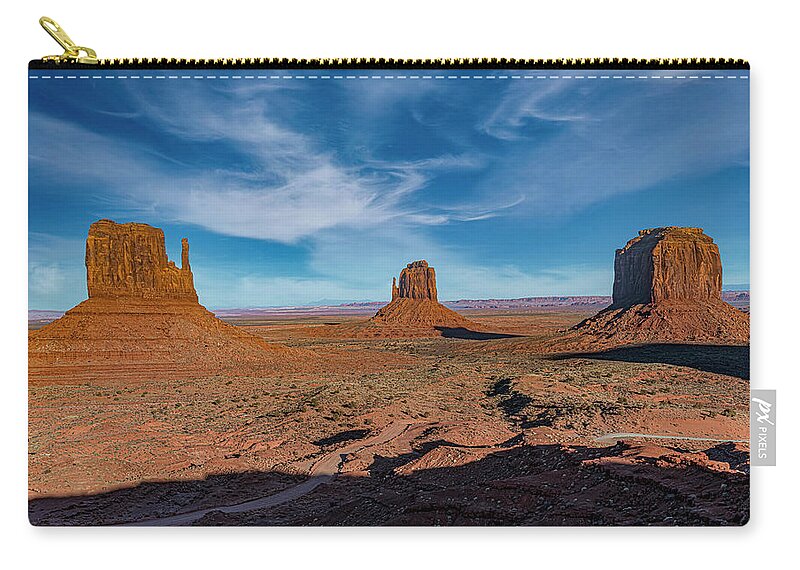 © 2017 Lou Novick All Rights Reversed Zip Pouch featuring the photograph The Mittens and Merrick Butte by Lou Novick