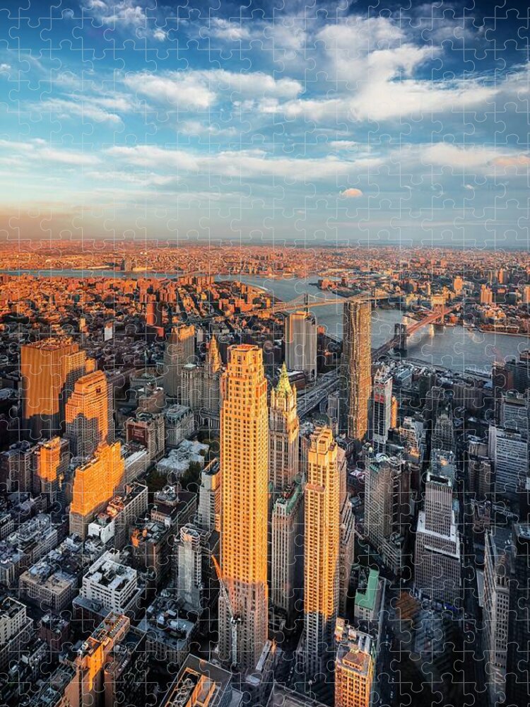Estock Jigsaw Puzzle featuring the digital art Nyc, East River, Lower Manhattan, 1 World Trade Center, Freedom Tower, View From The Freedom Tower Observatory Deck, 1 World Observatory, Beekman Tower, Chase Manhattan, Trump Building, Brooklyn & Manhattan Bridges by Antonino Bartuccio