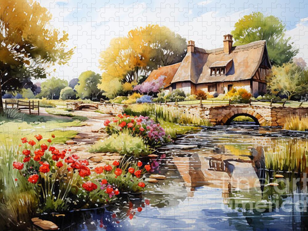 Cottage Jigsaw Puzzle featuring the painting 4d watercolour sketch of a thatched Cotswolds by Asar Studios #1 by Celestial Images