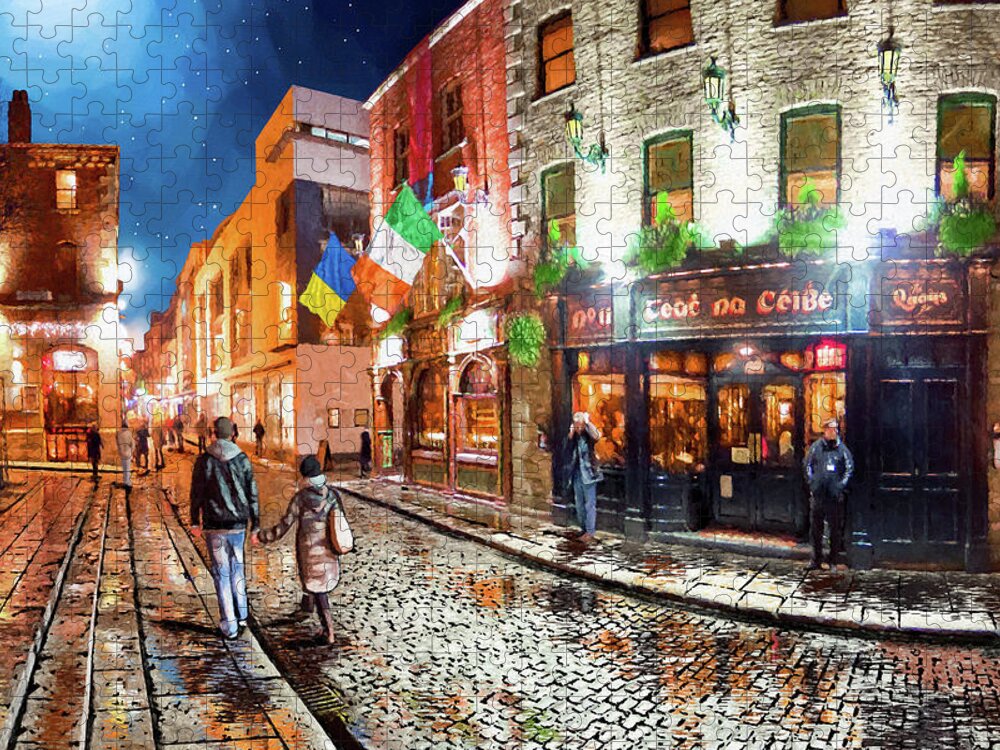 Temple Bar Jigsaw Puzzle featuring the mixed media At Night In Temple Bar - Dublin by Mark E Tisdale