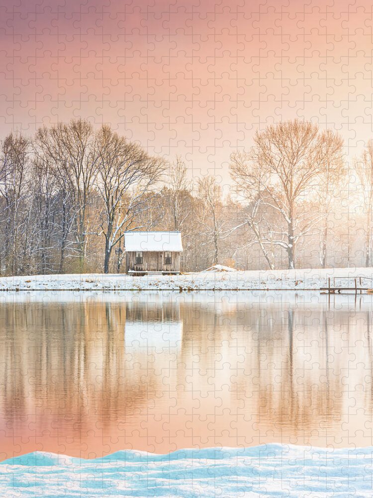 Shack Jigsaw Puzzle featuring the photograph Cabin By The Lake In Winter by Jordan Hill