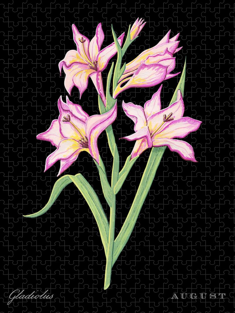 Gladiolus Jigsaw Puzzle featuring the painting Gladiolus August Birth Month Flower Botanical Print on Black - Art by Jen Montgomery by Jen Montgomery