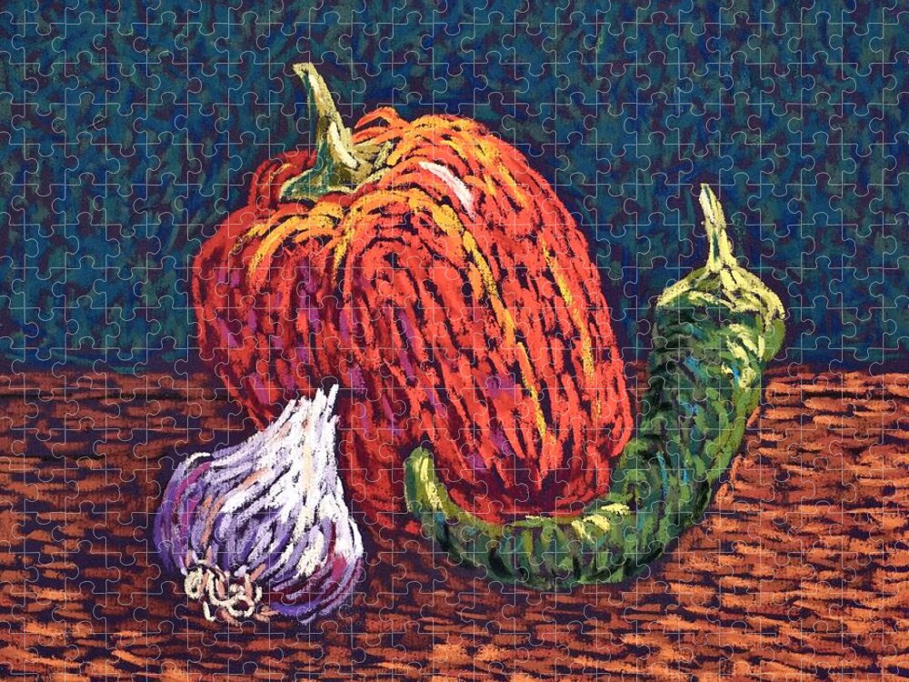 Peppers Jigsaw Puzzle featuring the pastel Peppers and Garlic by Candy Mayer