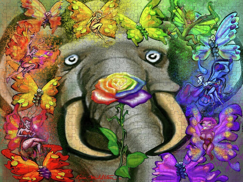 Rainbow Jigsaw Puzzle featuring the digital art Rainbow Rose with Pixies by Kevin Middleton