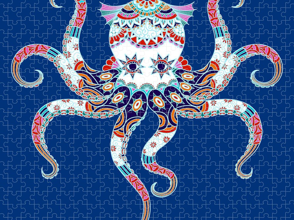 Octopus Jigsaw Puzzle featuring the painting Rubino Zen Octopus Blue Red White by Tony Rubino