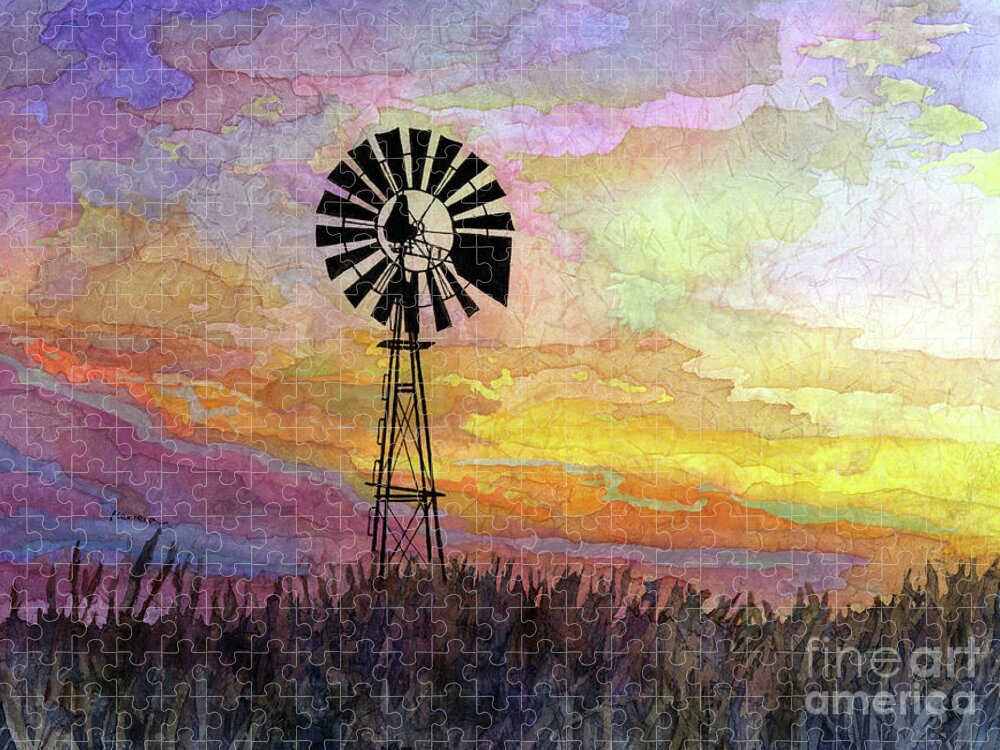 Windmill Jigsaw Puzzle featuring the painting Windmill Sunset 5 - pastel colors by Hailey E Herrera