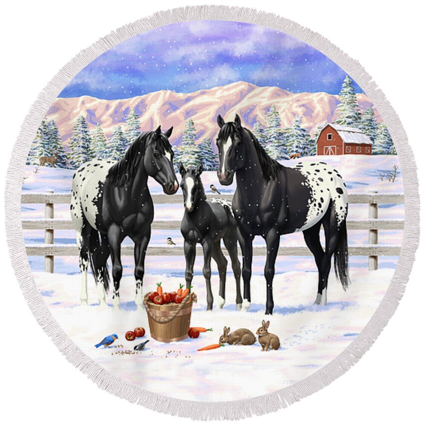 Horses Round Beach Towel featuring the painting Black Appaloosa Horses In Snow by Crista Forest