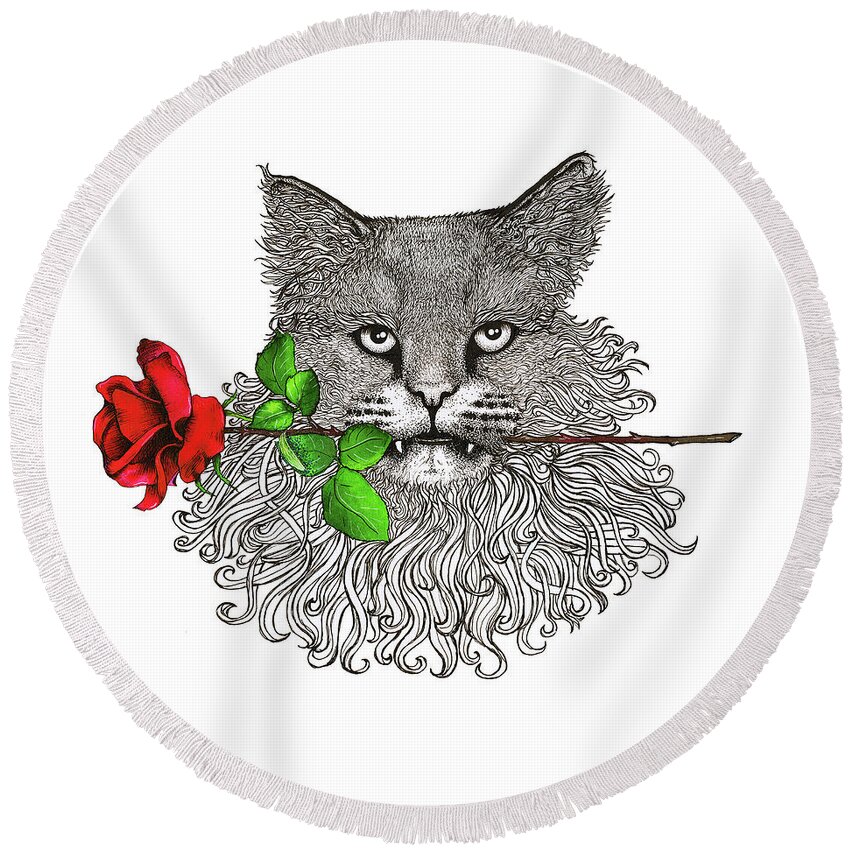Cat Round Beach Towel featuring the drawing Rose Cavalier by Carolina Matthes