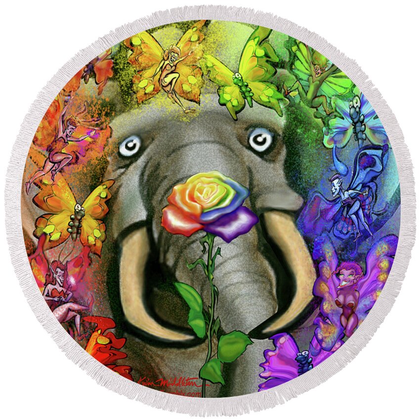 Rainbow Round Beach Towel featuring the digital art Rainbow Rose with Pixies by Kevin Middleton