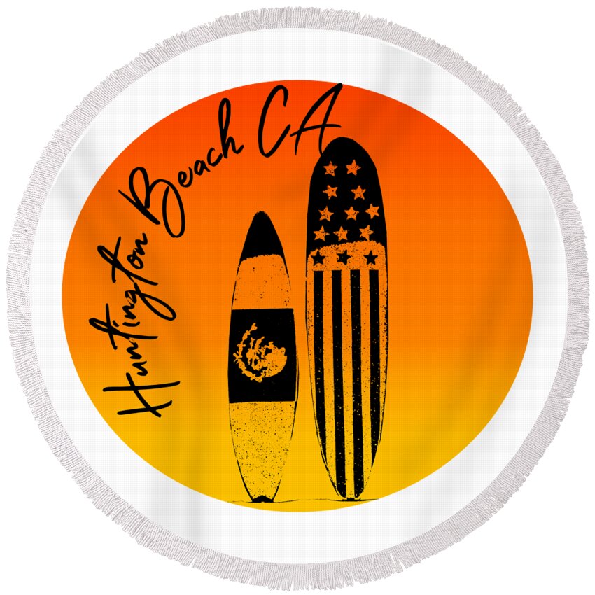 Huntington Beach Round Beach Towel featuring the digital art Huntington Beach Surfboards and Sunsets by Colleen Cornelius