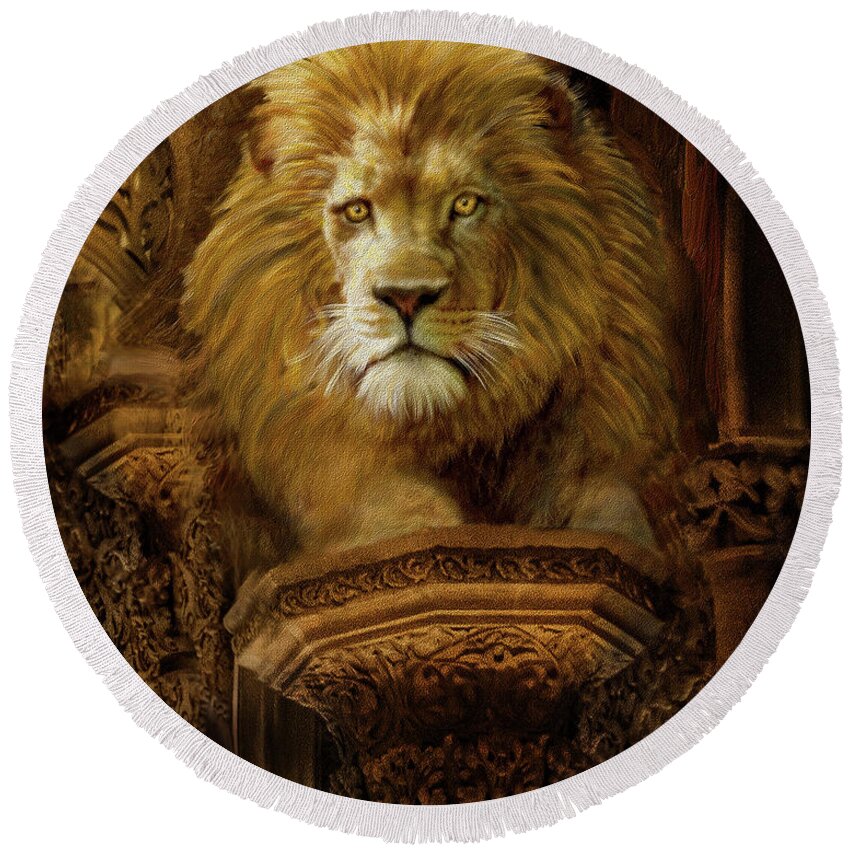 Lion Round Beach Towel featuring the digital art King Eternal by Constance Woods