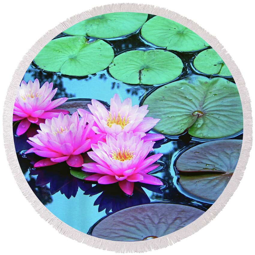 Nature Round Beach Towel featuring the photograph Pink Waterlilies Horizontal 300			 by Sharon Williams Eng