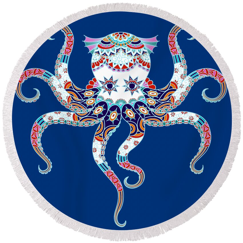 Octopus Round Beach Towel featuring the painting Rubino Zen Octopus Blue Red White by Tony Rubino