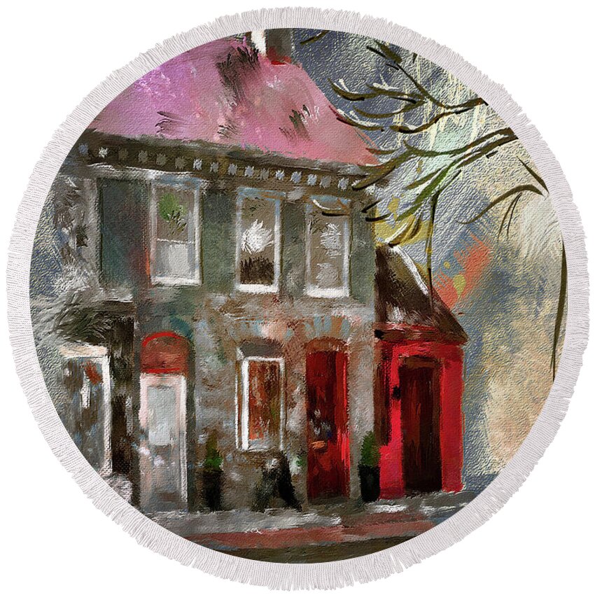 Architecture Round Beach Towel featuring the digital art Small Town Shops by Lois Bryan