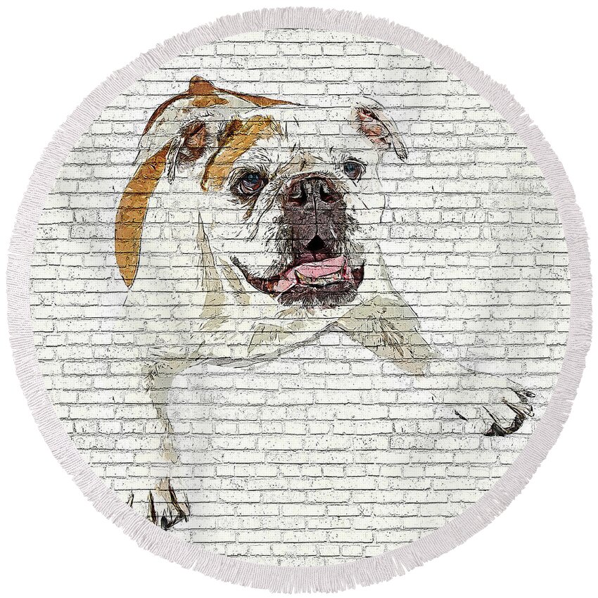 Bulldog Round Beach Towel featuring the painting So Awkwardly Cute, Bulldog - Brick Block Background by Custom Pet Portrait Art Studio