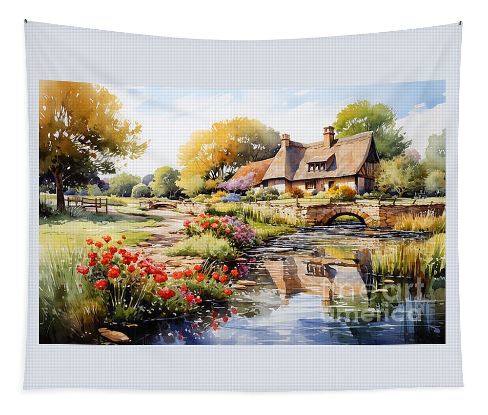 Cottage Tapestry featuring the painting 4d watercolour sketch of a thatched Cotswolds by Asar Studios #1 by Celestial Images