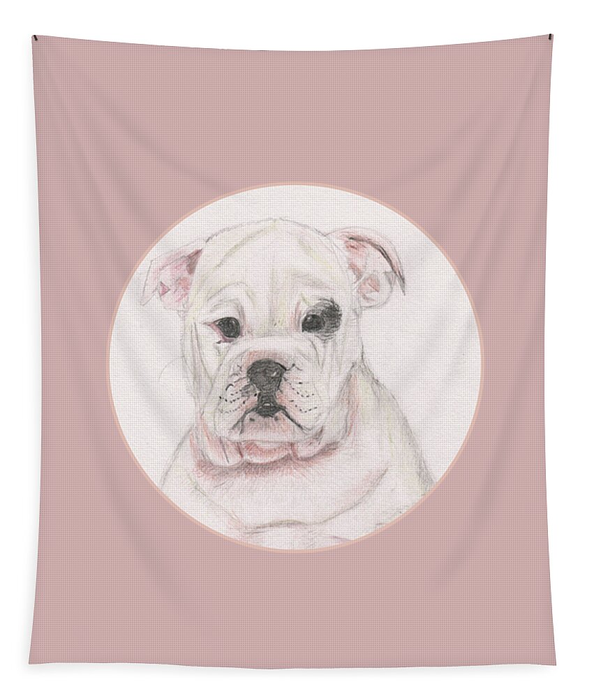 English Tapestry featuring the drawing Cute White Hand Drawn English Bulldog Puppy by Barefoot Bodeez Art