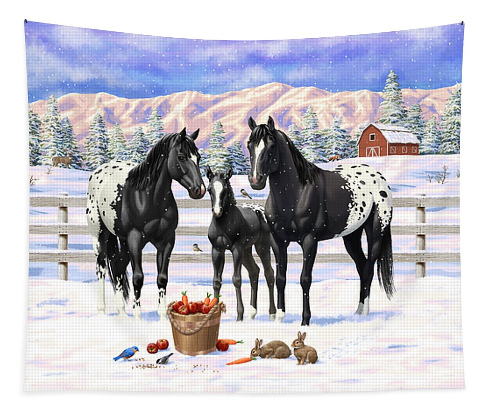 Horses Tapestry featuring the painting Black Appaloosa Horses In Snow by Crista Forest