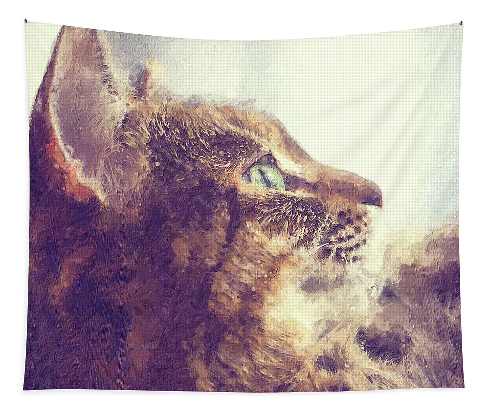 Tabby Tapestry featuring the painting Happy tabby cat basking in the sun by Custom Pet Portrait Art Studio