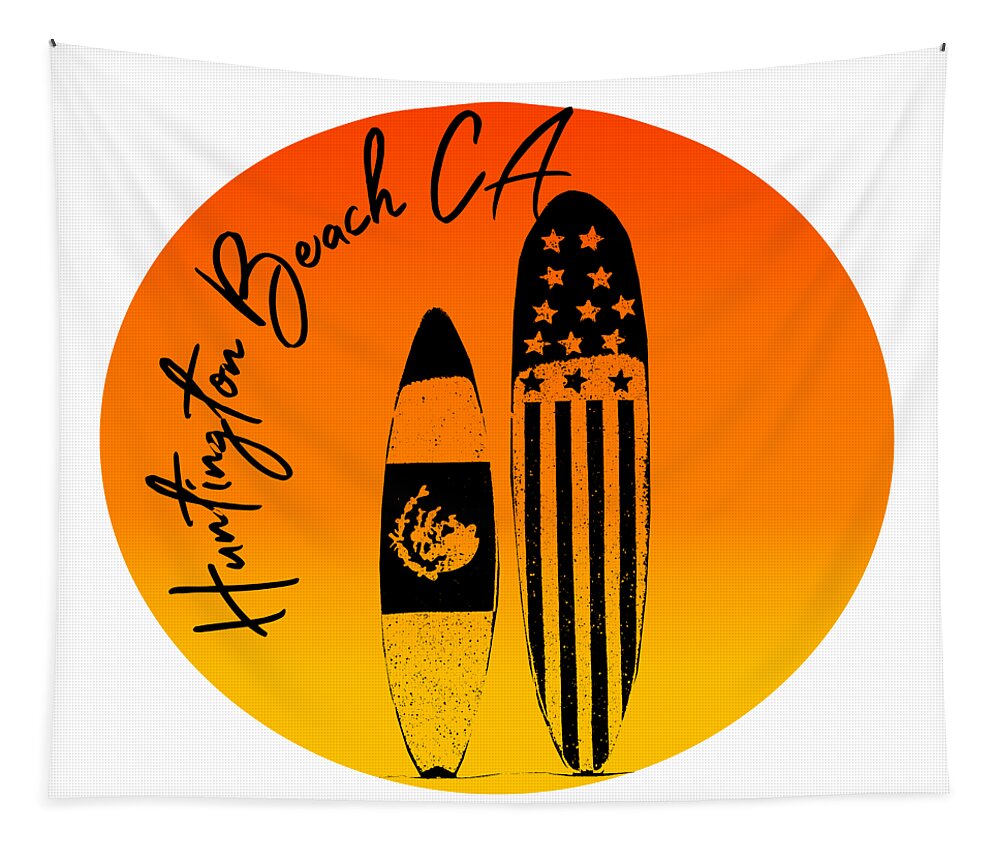 Huntington Beach Tapestry featuring the digital art Huntington Beach Surfboards and Sunsets by Colleen Cornelius