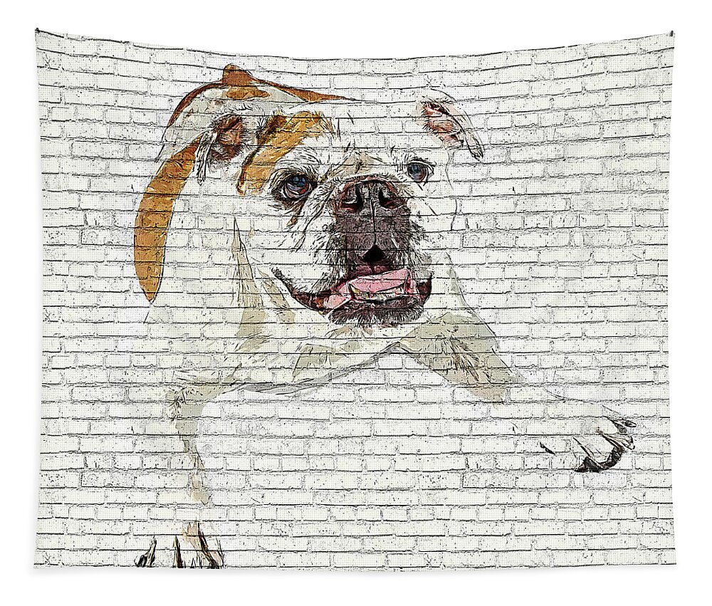 Bulldog Tapestry featuring the painting So Awkwardly Cute, Bulldog - Brick Block Background by Custom Pet Portrait Art Studio
