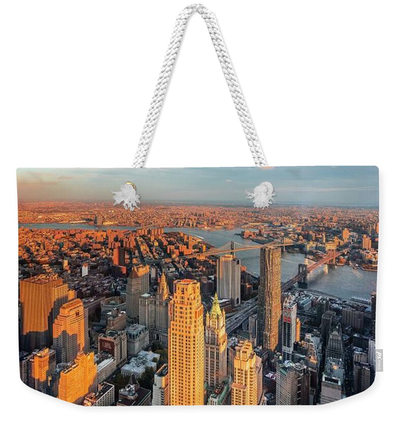 Estock Weekender Tote Bag featuring the digital art Nyc, East River, Lower Manhattan, 1 World Trade Center, Freedom Tower, View From The Freedom Tower Observatory Deck, 1 World Observatory, Beekman Tower, Chase Manhattan, Trump Building, Brooklyn & Manhattan Bridges by Antonino Bartuccio