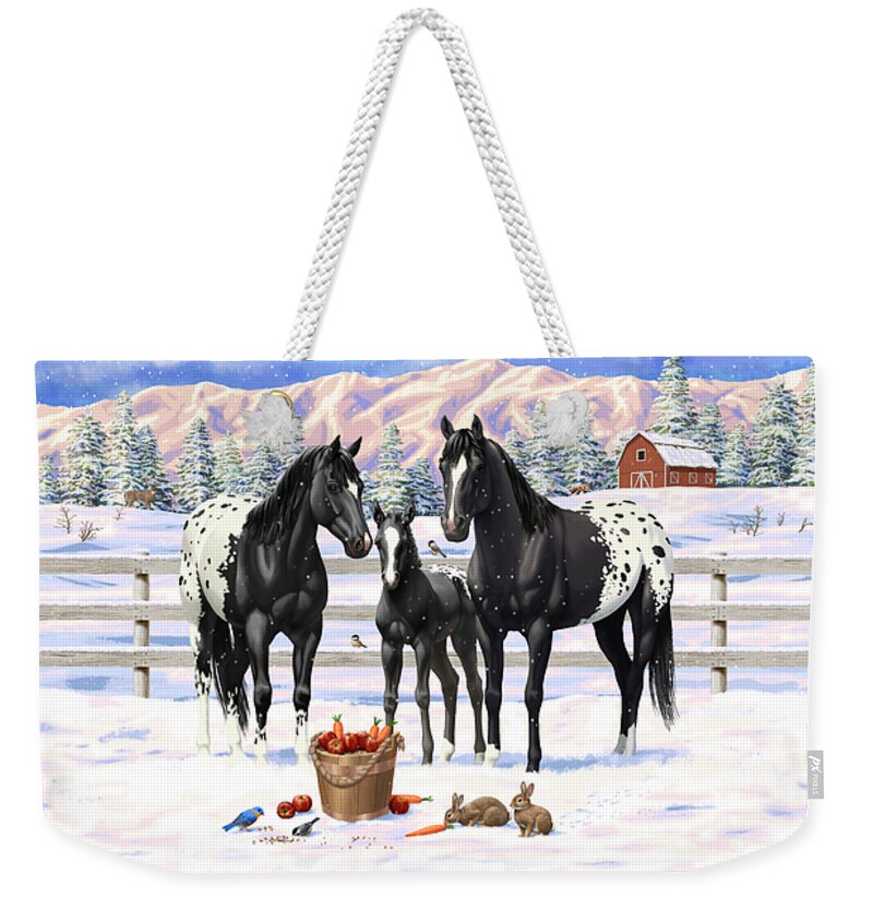 Horses Weekender Tote Bag featuring the painting Black Appaloosa Horses In Snow by Crista Forest