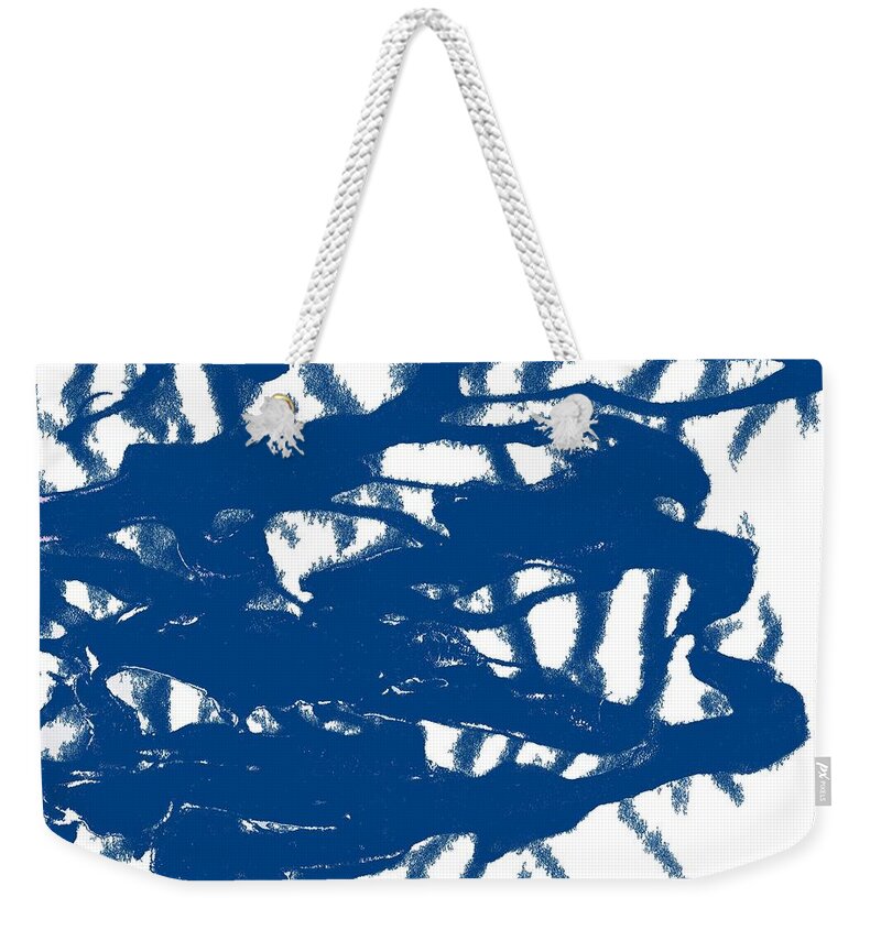 Coronavirus Weekender Tote Bag featuring the painting Blue Sponged Splatter Abstract Art Painting by Joseph Baril