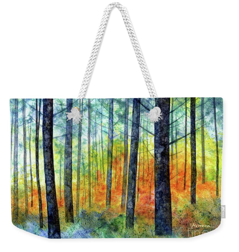 Blue Weekender Tote Bag featuring the painting Golden Flame-pastel colors by Hailey E Herrera
