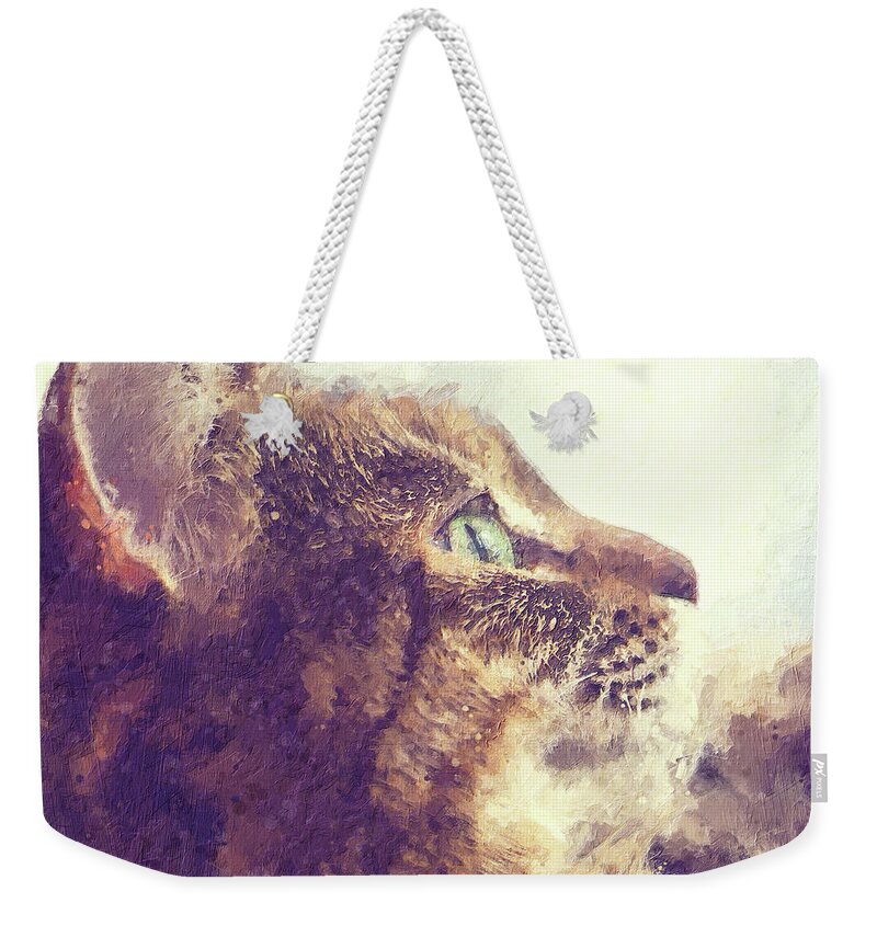 Tabby Weekender Tote Bag featuring the painting Happy tabby cat basking in the sun by Custom Pet Portrait Art Studio